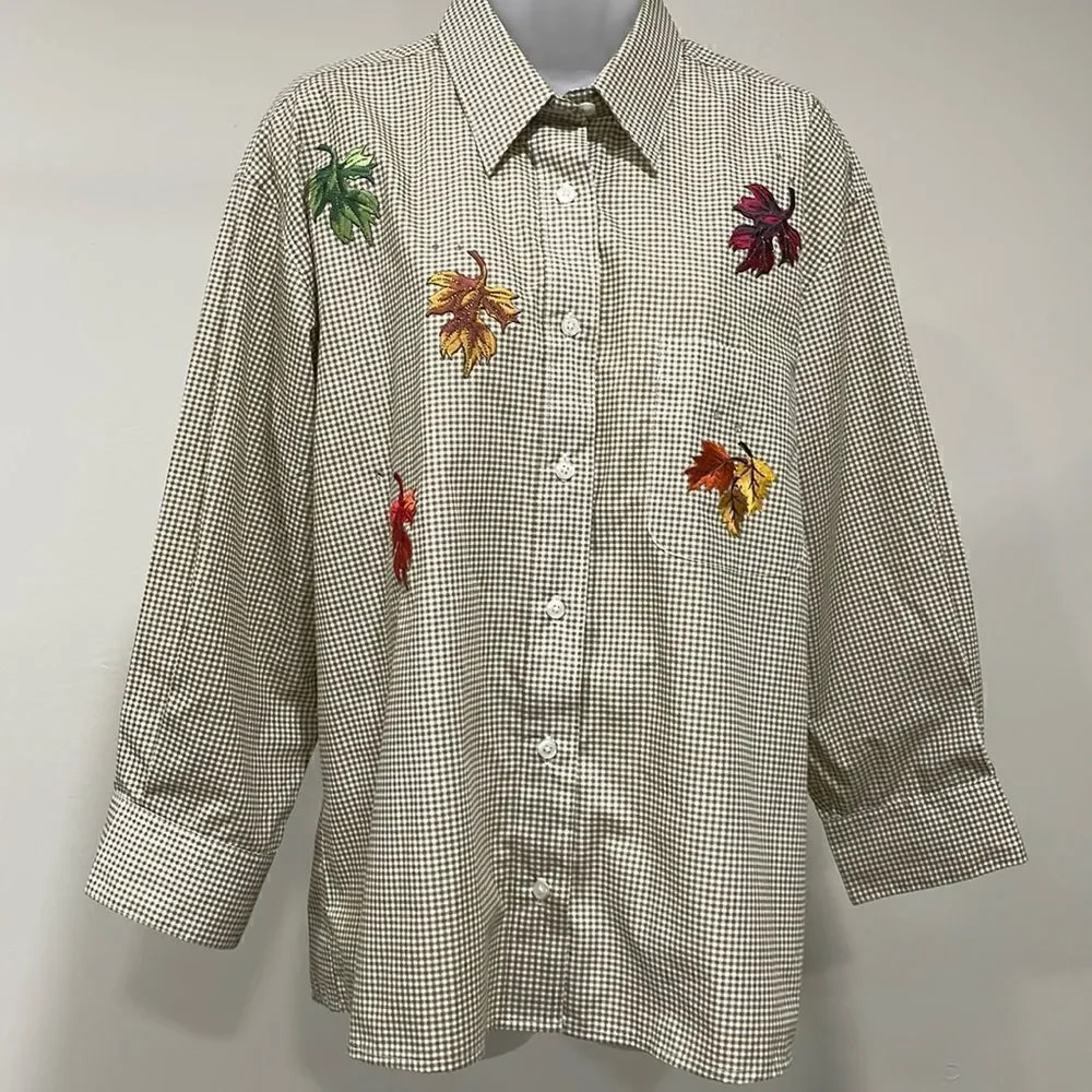 NWOT Las Olas Fall Leaves button down shirt. Size L large 12/14